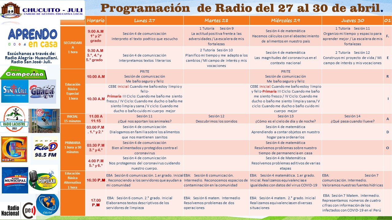 Programación de radio del 27 al 30 de abril. Yo Aprendo en Casa.