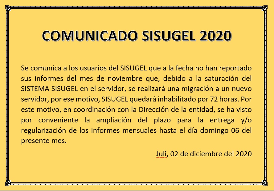 COMUNICADO SISUGEL 2020