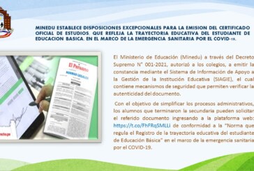 MINEDU  ESTABLECE DISPOSICIONES EXCEPCIONALES PARA LA EMISIÓN DEL CERTIFICADO OFICIAL DE ESTUDIOS,  DE LOS ESTUDIANTES DE EDUCACIÓN BÁSICA, EN EL MARCO DE LA EMERGENCIA SANITARIA POR EL COVID-19.