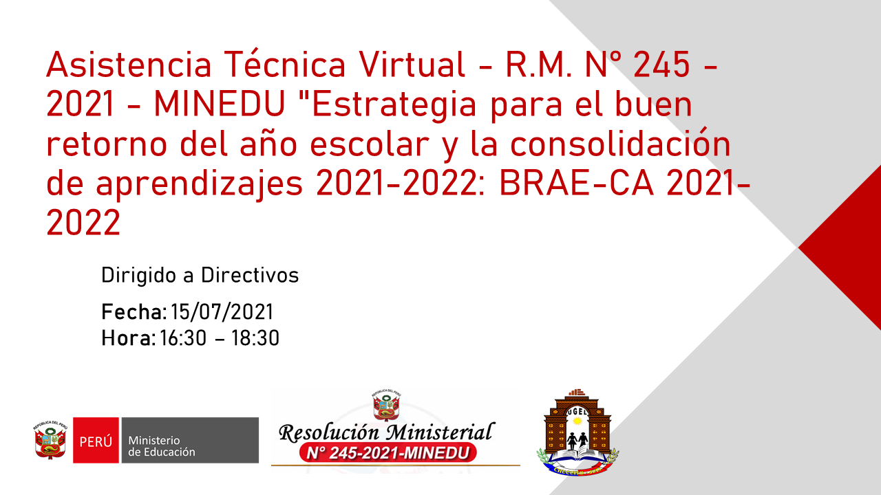 Asistencia Técnica Virtual a Directivos – R.M. N° 245 – 2021 – MINEDU «Estrategia para el buen retorno del año escolar y la consolidación de aprendizajes 2021-2022: BRAE-CA 2021-2022