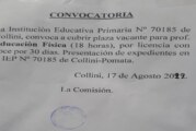 CONVOCATORIA DOCENTE DE EDUCACIÓN FÍSICA, POR LICENCIA