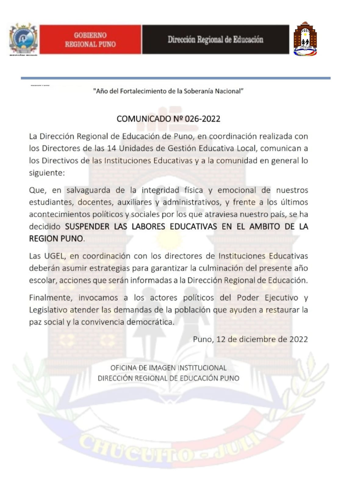 COMUNICADO: SUSPENSIÓN  DE LABORES EDUCATIVAS EN EL AMBITO DE LA REGIÓN PUNO.