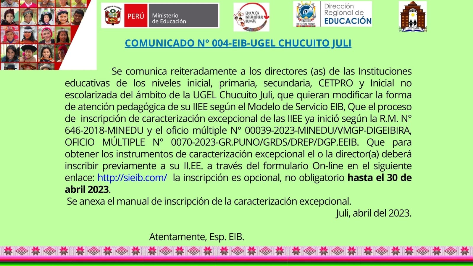 COMUNICADO N°004- EIB UGEL CHUCUITO JULI.