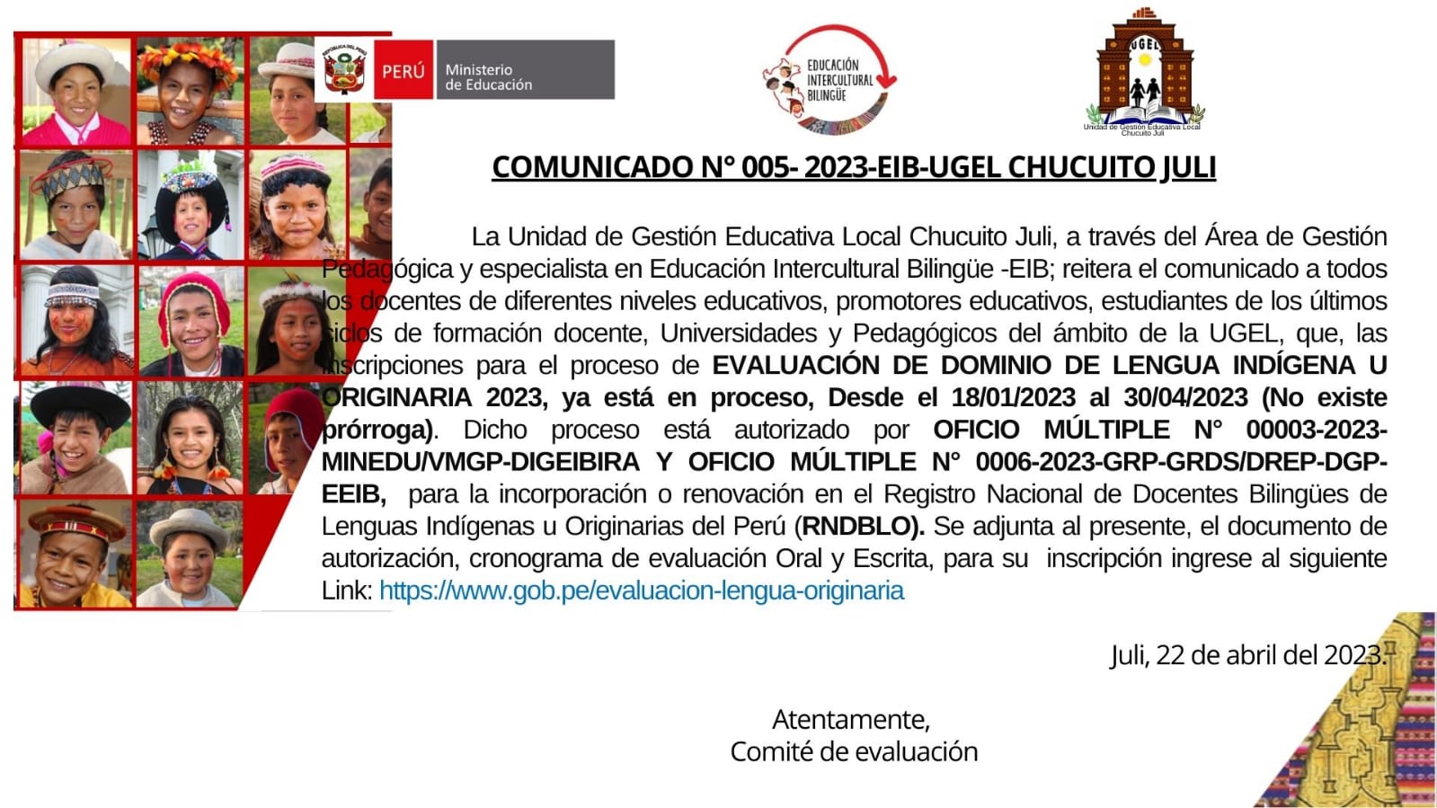 COMUNICADO N°005- EIB UGEL CHUCUITO JULI.
