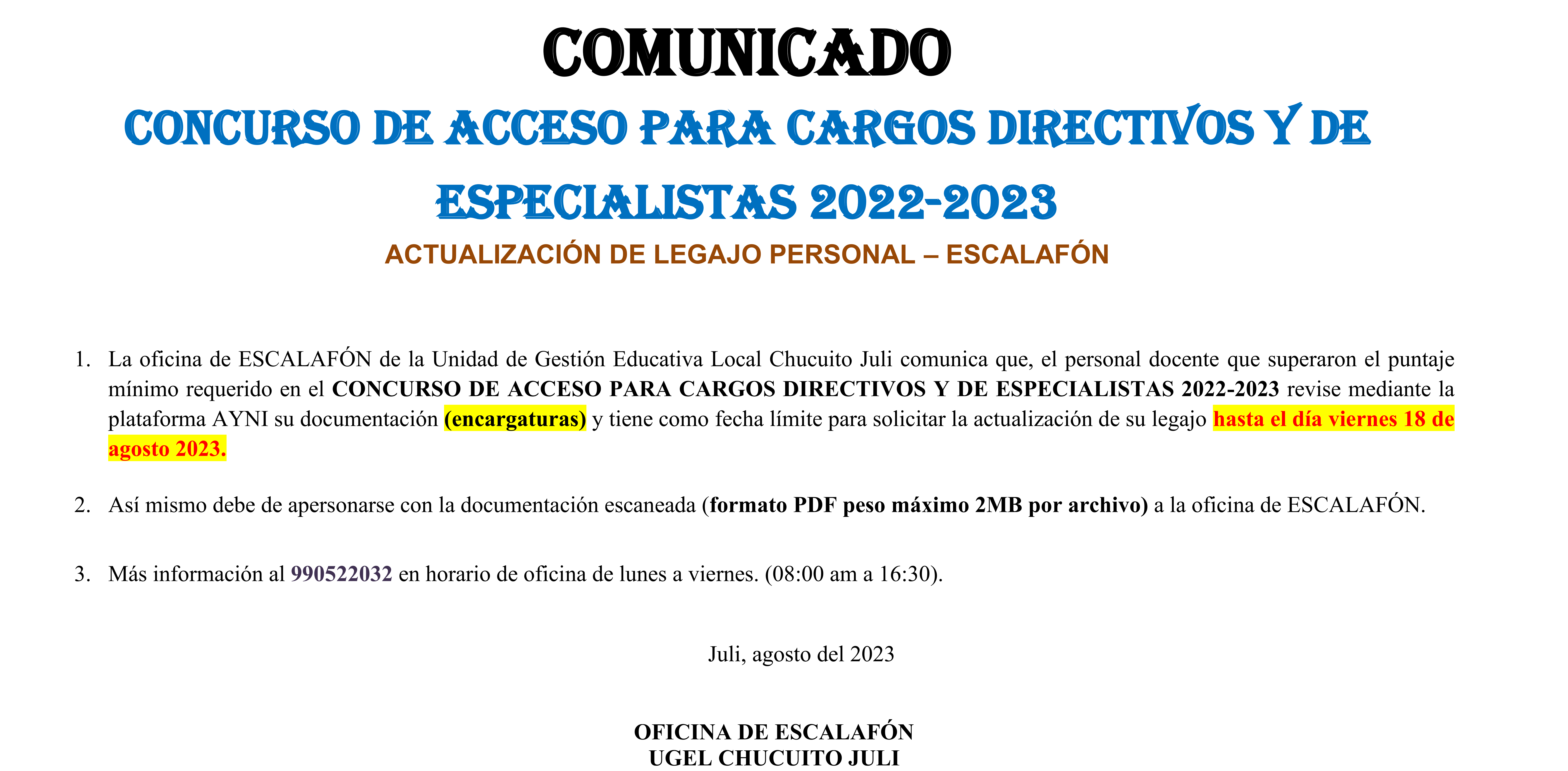 COMUNICADO: CONCURSO DE ACCESO PARA CARGOS DIRECTIVOS Y DE ESPECIALISTAS 2022-2023. ACTUALIZACIÓN DE LEGAJO PERSONAL – ESCALAFÓN
