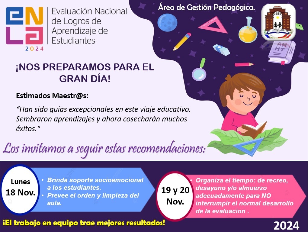 RECOMENDACIONES – EVALUACIÓN NACIONAL DE LOGROS DE APRENDIZAJE DE ESTUDIANTES (E.N.L.A.) 2024