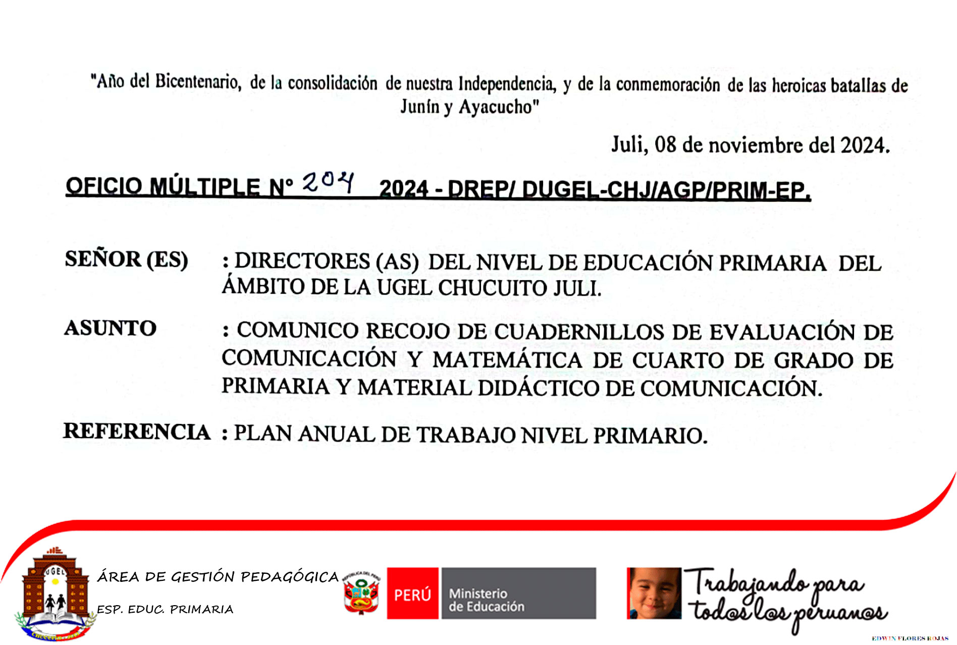 SE COMUNICA RECOJO DE CUADERNILLOS DE EVALUACIÓN DE COMUNICACIÓN Y MATEMÁTICA DE CUARTO GRADO DE PRIMARIA Y MATERIAL DIDÁCTICO DE COMUNICACIÓN.