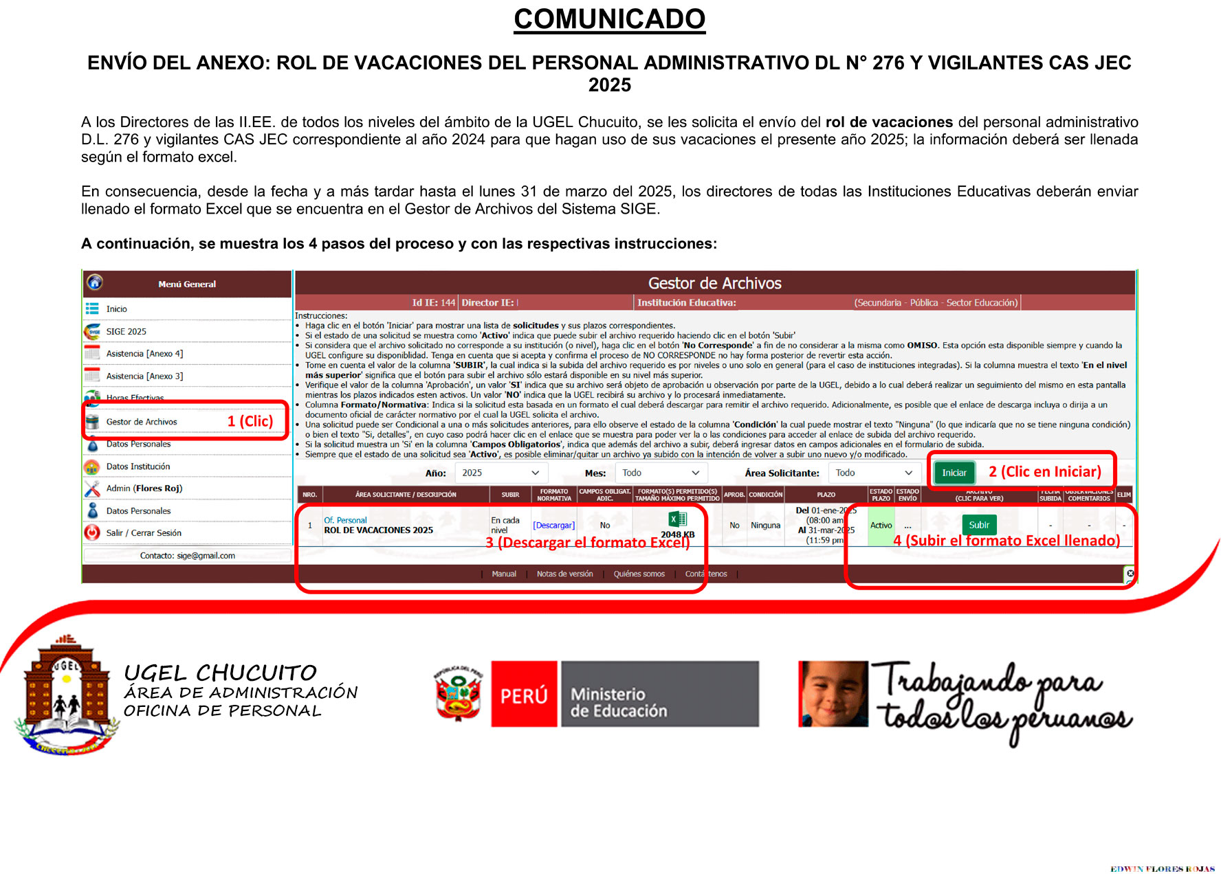 COMUNICADO – ENVÍO DEL ANEXO ROL DE VACACIONES DEL PERSONAL ADMINISTRATIVO DL N° 276 y VIGILANTES CAS 2025 A TRAVÉS DEL APLICATIVO WEB SIGE