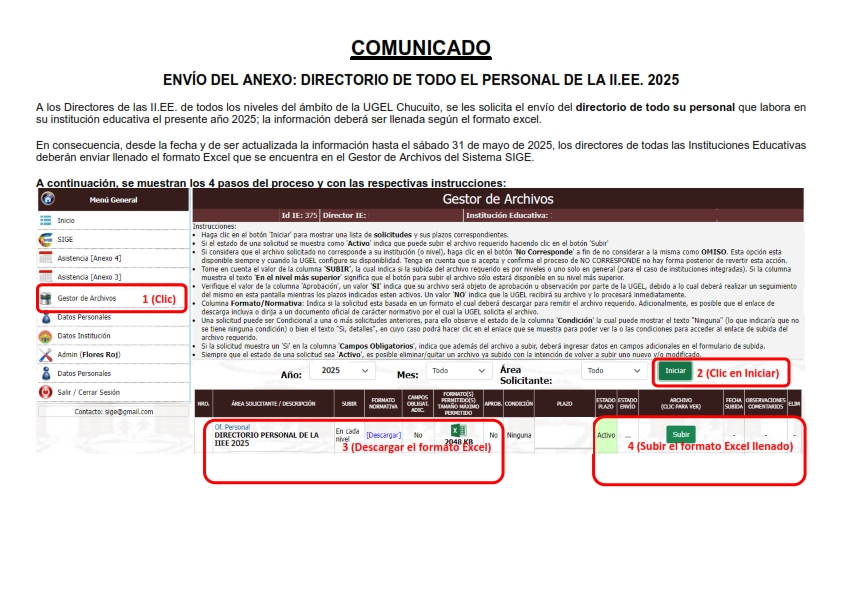 COMUNICADO – ENVÍO DEL ANEXO DIRECTORIO DE TODO EL PERSONAL DE LA II.EE. 2025 A TRAVÉS DEL APLICATIVO WEB SIGE