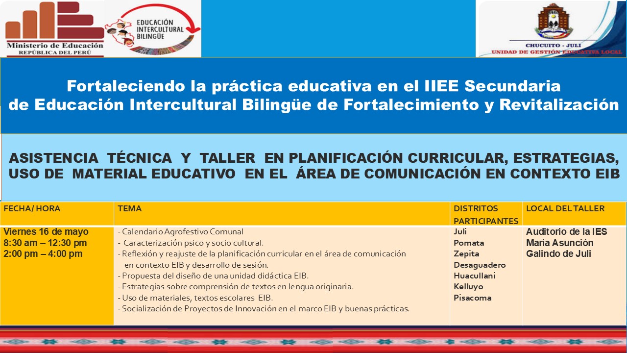 ASISTENCIA  TÉCNICA  Y  TALLER  EN PLANIFICACIÓN CURRICULAR, ESTRATEGIAS, USO DE  MATERIAL EDUCATIVO  EN EL  ÁREA DE COMUNICACIÓN EN CONTEXTO EIB