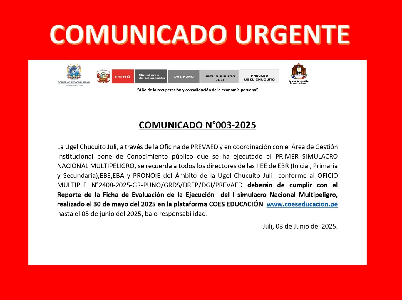 COMUNICADO N° 003-2025-PREVAED