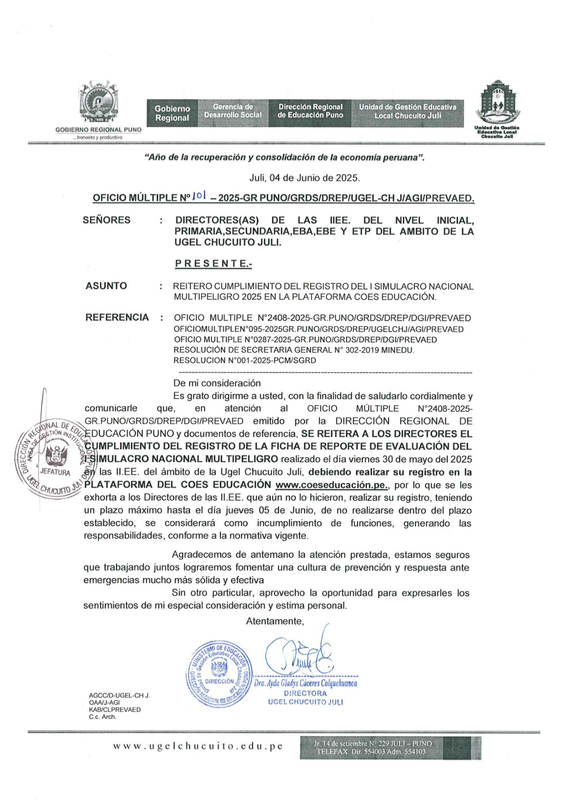 SE REITERA CUMPLIMIENTO DEL REGISTRO DEL I SIMULACRO NACIONAL MULTIPELIGRO 2025 EN LA PLATAFORMA COES EDUCACIÓN