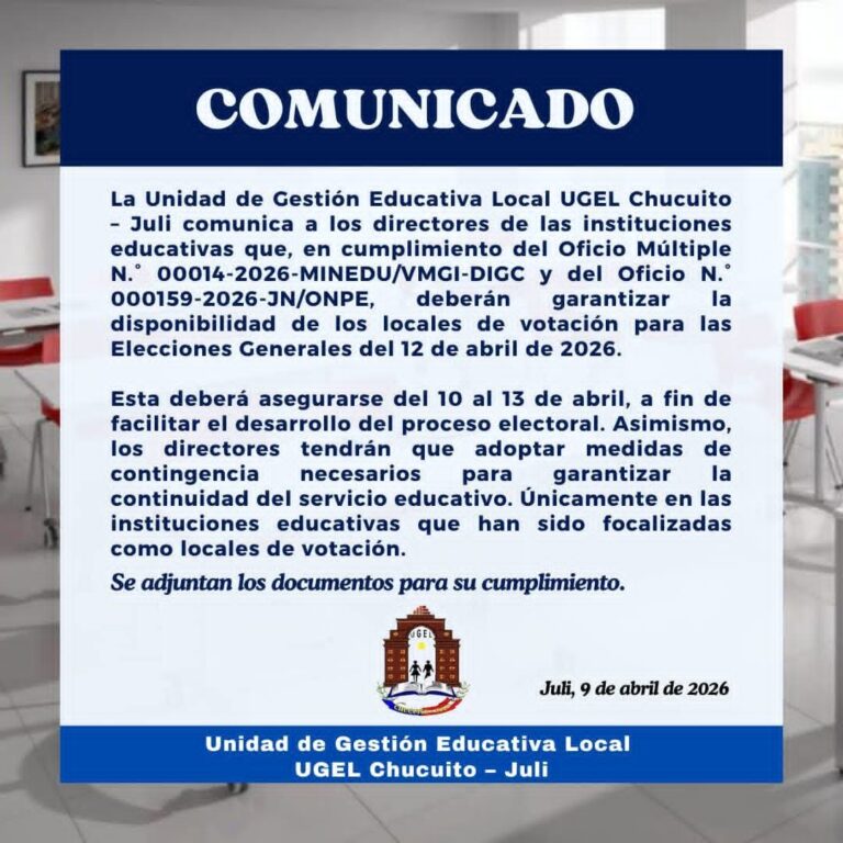 DISPONIBILIDAD DE LOCALES ESCOLARES PARA EL PROCESO ELECTORAL A REALIZARSE EL DOMINGO 12 DE ABRIL DEL 2026